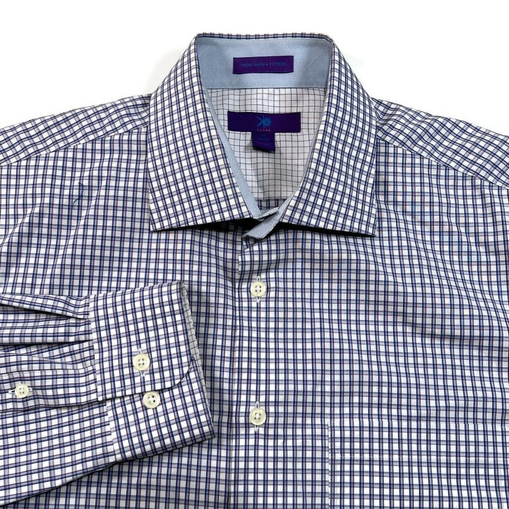 Egara Button Up Shirt Mens 16 34-35 Non Iron Blue Purple Plaid L/S Fitted Cotton
